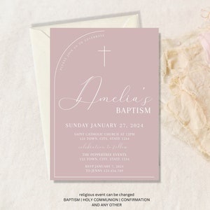 Dusty Pink Baptism Invitation Girl, Christening Invitation, Arch Baptism Invite Printable, Pink Christening Invitation, Holy Communion