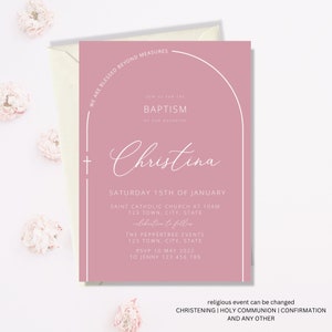 Baptism Invitation Girl, Christening Invitation, Arch Dusty Pink Modern Invitation, Pink Christening Invitation, Holy Communion Printable