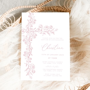 Vintage Floral Baptism Invitation Girl, Girl Flower Invitation Template, Christening Invitation Dusty Pink Template, Victorian Era