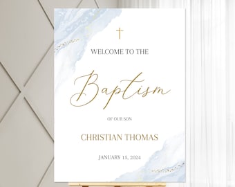 Dusty Blue Baptism Welcome Sign Poster, Gold Cross Dusty Blue Christening Welcome Sign, Modern Baptism Welcome Poster, Blue Baptism Poster