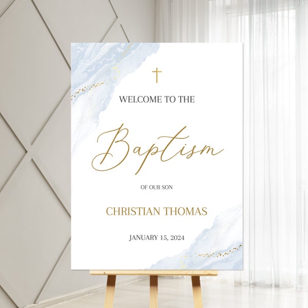Dusty Blue Baptism Welcome Sign Poster, Gold Cross Dusty Blue Christening Welcome Sign, Modern Baptism Welcome Poster, Blue Baptism Poster