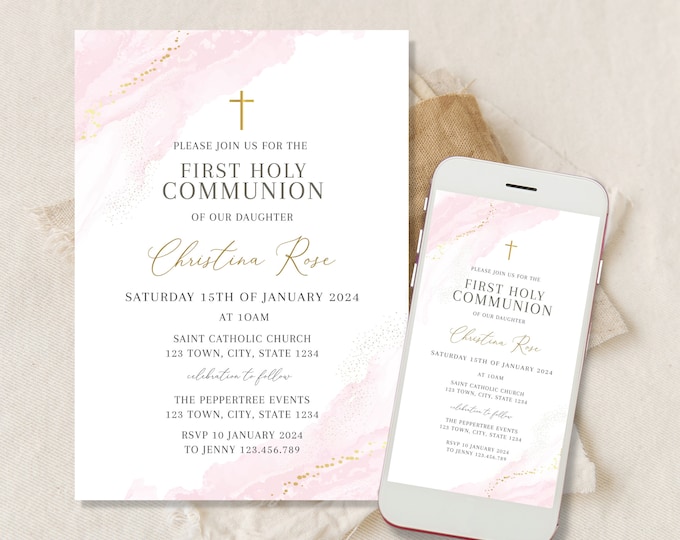 Light Pink First Holy Communion Invitation Template • INSTANT DOWNLOAD ...