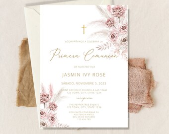 Invitacion a la PRIMERA COMUNION, Primera comunion Invitation In Spanish, Invitaciones comunion, Holy Communion, Religious Invitation, Boho