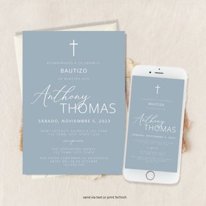 Invitacion de Bautizo, Bautizo Invitation In Spanish, Invitaciones Bautizo, Classic Baptism, Mi Bautizo, Religious Invitation, Blue Invite
