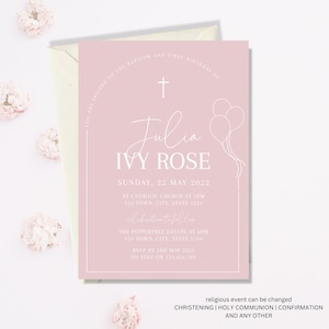 First birthday and Baptism girl invitation, Balloons Christening Invite , Dusty Pink Invite, Girls Pink Modern Invite, First Birthday Invite
