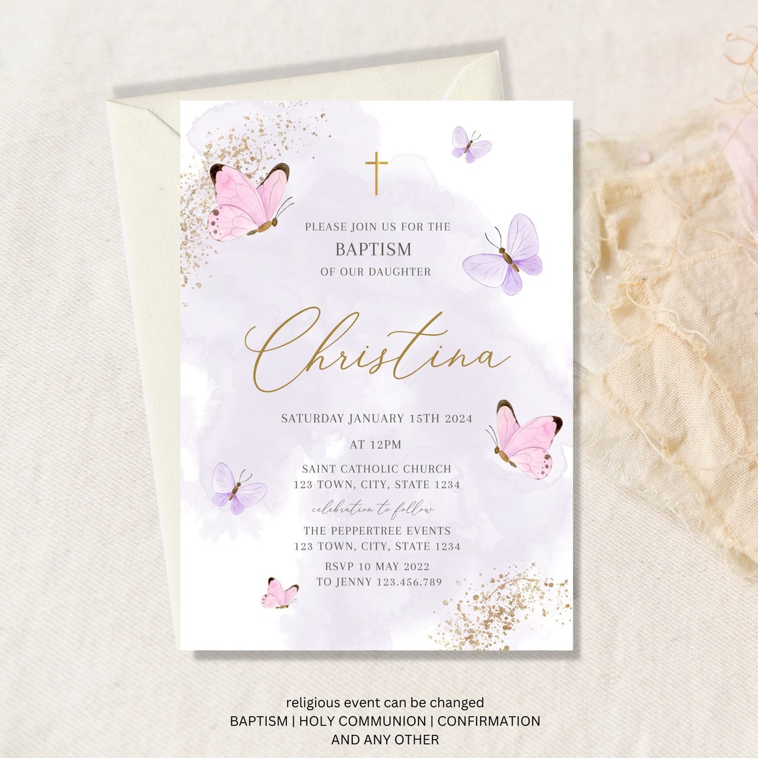 Baptism Invitation Girl, Butterfly Christening Invitation, Pink Butterfly, Purple Gold