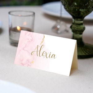 Soft Pink Gold Speckle watercolor Editable Place Card Template, 3.5x2" Folded, Simple Handwritten script font , DIY Printable  card