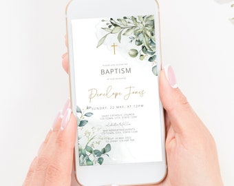 May include: A digital invitation for a baptism with a watercolor background featuring green leaves and a gold cross. The invitation reads "Please join us for the Baptism of our daughter Penelope Jones, Sunday, 22 May, at 12pm, Saint Catholic Church, 123 Town, City, State 1234, Celebration to follow, The Peppertree Events, 123 Town, City, State 1234, RSVP 10 May 2022 to Jenny 123.456.789"