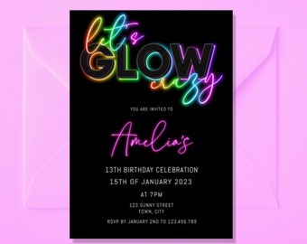 Neon Light Birthday Invitation, Glow Party, Teen Invite, Adult  Invite, Editable Template, Rainbow glow, ANY AGE, Let's Party, Glow Party