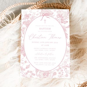 Vintage Floral Baptism Invitation Girl, Girl Flower Invitation Template, Christening Invitation Dusty Pink Template, Victorian Era butterfly