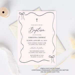 Pink and black Baptism Invitation Girl, Christening Invitation, Wave Bow Baptism Invite Printable, Pink Christening Invitation or Communion