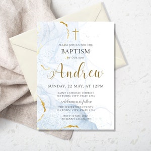 May include: A blue and gold marble-patterned baptism invitation with a gold cross and the text "Please join us for the Baptism of our son Andrew. Sunday, 22 May, at 12PM. Saint Catholic Church 123 Town, City, State 1234. Celebration to follow. The Peppertree Events 123 Town, City, State 1234. RSVP 10 May 2022 to Jenny 123.456.789."