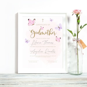 Butterfly Godmother Certificate Template, 100% Editable, Minimal Godfather Certificate, Printable Godparents Certificate, Instant Download