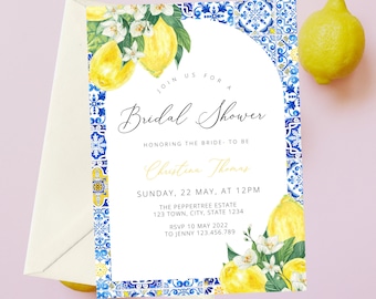 Mediterranean Lemon Bridal Shower Invitation Template, Italian Blue Tiles Bridal Shower Arched Invite, Main Squeeze, Instant Download