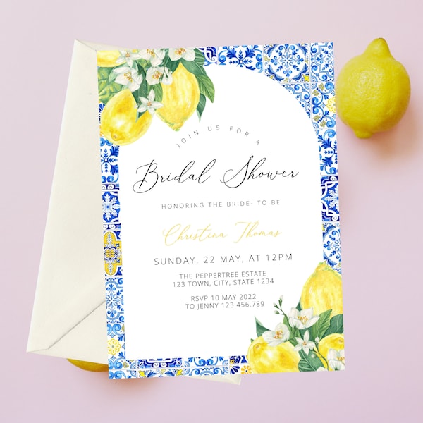 Mediterranean Lemon Bridal Shower Invitation Template, Italian Blue Tiles Bridal Shower Arched Invite, Main Squeeze, Instant Download