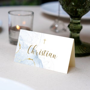 Place Cards Template, Gold and Blue Place Cards, Editable Place Cards Name, Baptism Place card blue folded, Wedding placecard Blue card