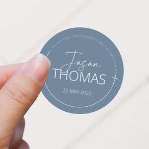 Dusty Blue Baptism Favor Tag Template, Modern Thank You Tag, Gold, Minimalist, Wedding Favor Tag Template, Christening Tag
