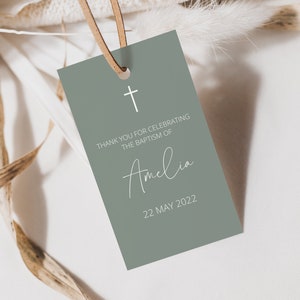 Eucalyptus Green Baptism Favor Tag Template, Modern Thank You Tag, Gold, Minimalist, Wedding Favor Tag Template, Christening Tag