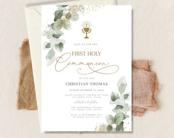 May include: A green and gold first communion invitation with a watercolor floral design. The invitation reads "Join us for the First Holy Communion of our son Christian Thomas, Sunday October 15, 2024, Saint Catholic Church at 123 Town, City, State. Celebration to follow. The Pepper Tree Events, 123 Town, City, State. RSVP 10 September 2024 to Jenny 123.456.789."