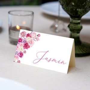Pink Flower Editable Place Card Template, 3.5x2" Folded, Simple Handwritten script font , DIY Printable  card ,Editable Pink and Purple rose