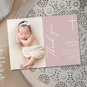 Dusty Pink Baptism Thank you card, Thank you Christening card, Dusty Pink Thank you card, Girls Pink Modern baptism thank you card