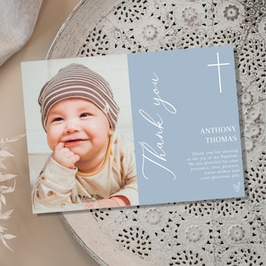 Boy Baptism PHOTO thank you card, Christening Thank you , Dusty Blue card, Boys Blue Thank you card, Blue Thank you for celebrating baptism