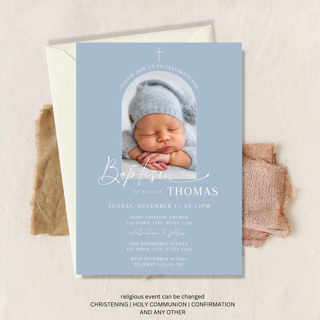 thumbnail image 2 of YOU PRINT – Baptism Christening Invitation For Boys – Blue Gold Theme – Personalise 2 of 6