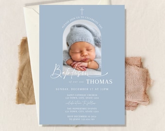 Baptism invitation boy with photo, Christening invitations boy, Blue baptism invitation with picture, electronic baptism invitation boy