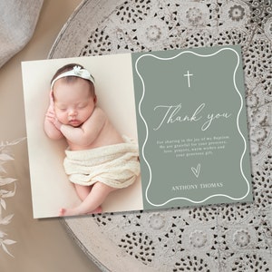 Boy Baptism PHOTO thank you card, Christening Thank you photo card, Boys Green Thank you card, Green Thank you for celebrating baptism