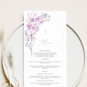 Lilac Baptism Menu, Purple Christening Menu, Religious Menu for baptism decor, Purple lilac menu with cross, "4 x 9" DIY Printable menu