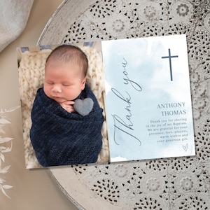Boy Baptism PHOTO thank you card, Christening Thank you , Dusty Blue card, Boys Blue Thank you card, Blue Thank you for celebrating baptism