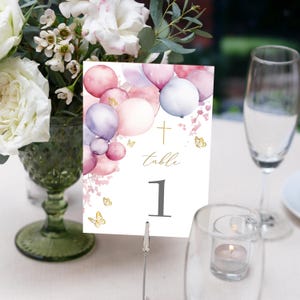 Table Numbers, Christening Table Numbers, Pink Table Numbers, Baptism Table Number Template, Printable Table Numbers, balloon Baptism