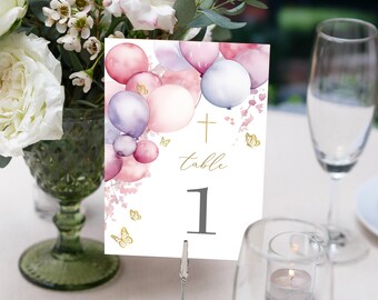 Table Numbers, Christening Table Numbers, Pink Table Numbers, Baptism Table Number Template, Printable Table Numbers, balloon Baptism