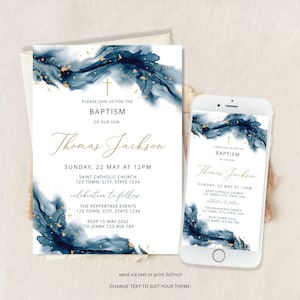 Navy Blue Boy Baptism Invitation, Christening Boy Invitation Template , Holy Communion Invite, Blue Baptism Invitation, Modern boy baptism
