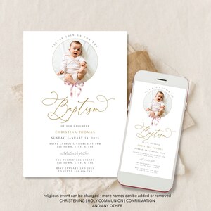 Pink Baptism Invitation Girl with photo, Girl Christening Invitation Template, Pink Christening Invite Template, Pink Bow Baptism Invite