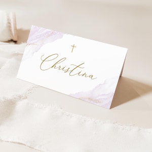 Purple Editable Place Card Template, 3.5x2" Folded, Baptism placecard, Baptism purple place card