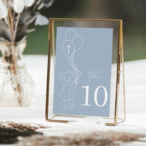 Dusty Blue Modern Printable Table Number , simple number, table decorations DIY Printable , Digital Editable Baptism blue table number bear