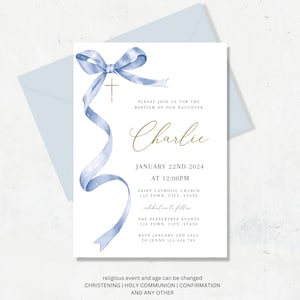 Blue Girl Baptism Invitation, Girl Christening Invitation Template, Blue Christening Invite Template, Blue Bow Baptism Invite, Baptism evite