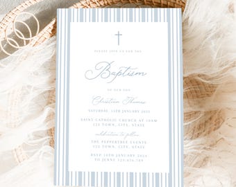 May include: A baptism invitation with a light blue striped border and a white interior. The invitation includes the text "Baptism of our son Christian Thomas" and event details. A cross is at the top.