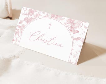 Pink Flower Editable Place Card Template, 3.5x2" Folded floral place, Simple floral placecard, DIY Printable Editable Pink vintage floral
