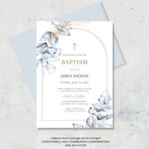 Baptism Invitation Blue Eucalyptus, Baptism Invitation Boy, Baptism Invitation, Editable Template, Instant Download, Eucalyptus blue Arch