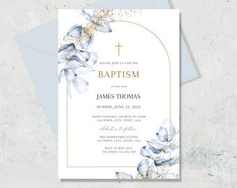 May include: A blue and gold baptism invitation with a watercolor floral design. The invitation includes the text "Please join us for the Baptism of our son James Thomas" and the date "Sunday, June 22, 2023".
