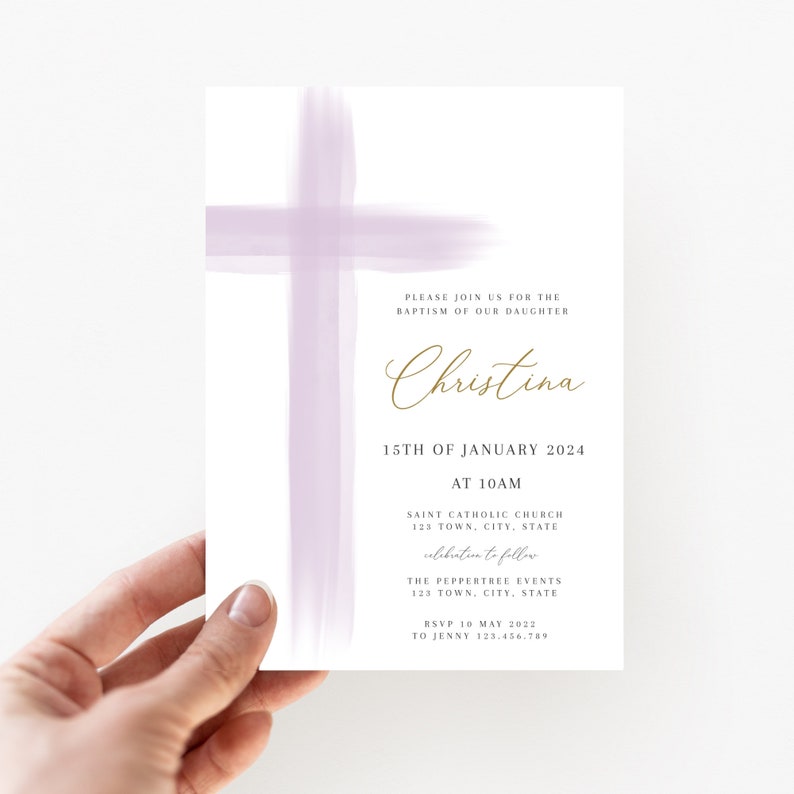 Purple Baptism Invitation Girl, Girls Christening Invitation Template, Purple Christening Invite Template, Purple Girls Baptism Invite image 2