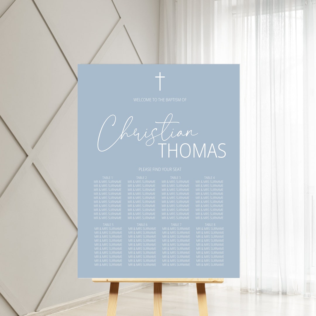 Dusty Blue Baptism Seating Plan Template, Printable Modern Christening ...