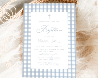 May include: A baptism invitation with a pale blue gingham pattern frame. The invitation includes the word "Baptism" in cursive, plus the date, time, and location details. A small cross is at the top of the invitation.