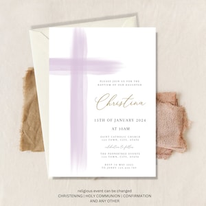Purple Baptism Invitation Girl, Girls Christening Invitation Template, Purple Christening Invite Template, Purple Girls Baptism Invite image 1