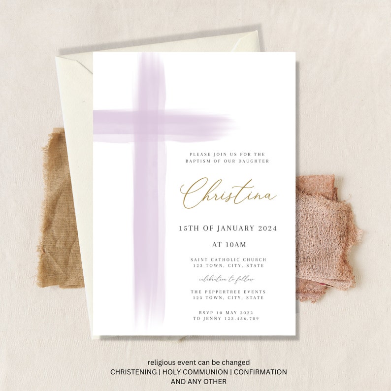 Purple Baptism Invitation Girl, Girls Christening Invitation Template, Purple Christening Invite Template, Purple Girls Baptism Invite image 1