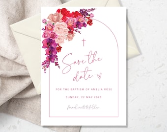 Baptism Invitation Save the Date Template, Pink and Purple Flower Baptism Invitation Printable,  Girl Save the date Invitation Template