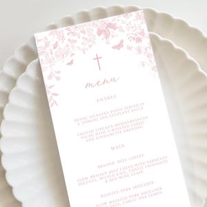 Pink Baptism Menu, Dusty Pink Christening Menu, Religious Menu for baptism decor, Pink cross menu with cross, Pink vintage butterfly baptism