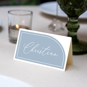 Place Cards Template, Dusty Blue Place Cards, Editable Place Cards Name, Baptism Place card blue folded, Wedding placecards Dusty Blue card
